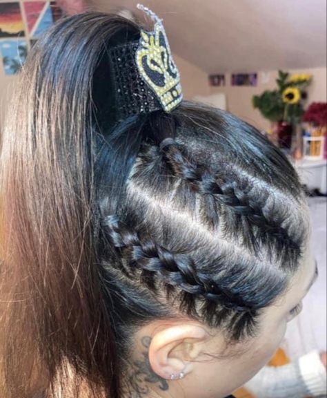 High Ponytail Cheer Hairstyles, Dutch Braids Into High Ponytail, Two Dutch Braids Into High Ponytail, Cute High Ponytails For Cheer, Small Dutch Braids, Braid Into Low Ponytail Cheer, A High Ponytail, Tight Braids, Dutch Braids