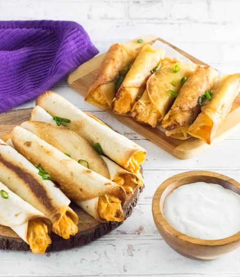 Buffalo Chicken Taquitos - Baked or Fried Taquitos Fried, Leftover Buffalo Chicken Dip, Chicken Taquitos Baked, Taquitos Baked, Buffalo Chicken Taquitos, Buffalo Sauce Recipe, Taquitos Recipe, Chicken And Cheese, Chicken Liver Pate