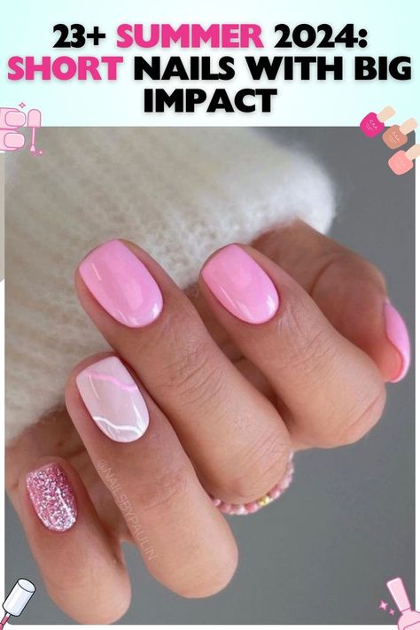 Glossy pink short square summer nails with one accent nail in glitter, paired with white geometric patterns, fitting for both everyday wear and special evenings. Nails With One Accent Nail, Short Square Summer Nails, One Accent Nail, Short Summer Nail Ideas, Square Summer Nails, Sns Nails Designs, Short Nails Summer, Short Pink Nails, 23 Summer