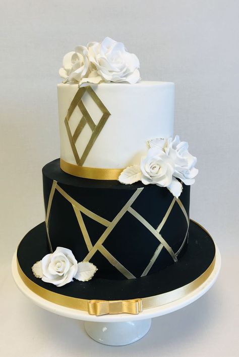 2 tier black, gold and white Geometrics theme wedding cake 2 Tier Wedding Cake Black And Gold, Black And Gold 2 Tier Birthday Cake, Black White Gold Wedding Cake, Black And Gold Birthday Cake, Stitch Bday, Marbled Fondant, 60th Cake, Gold And White Cake, Birthday Cake Roses