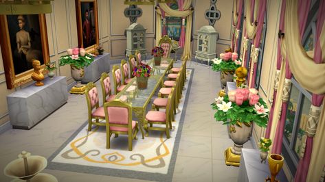 Sims 4 Castle Furniture Cc, Sims 4 Palace Interior, Sims 4 Cc Castle, Sims 4 Royal Bedroom, Sims 4 Cc Castle Decor, Sims Mansion, Pink Dining Room, Disney Princess Challenge, Sims Rooms