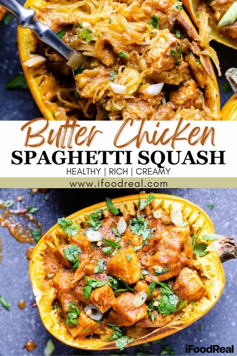 This Butter Chicken Spaghetti Squash is a healthy dish that combines delicious Indian flavors with tender spaghetti squash for a meal that everyone will love. It’s certainly a crowd pleaser and it’s really quite easy to make as well, so try it today and fall in love with the flavor! Whole 30 Chicken Spaghetti Squash, Paleo Chicken Spaghetti Squash, Marry Me Chicken Spaghetti Squash, Spaghetti Squash With Ground Chicken, Spaghetti Squash Slow Cooker Recipes, Spaghetti Squash Dessert Recipes, Rotisserie Chicken Spaghetti Squash, Spaghetti Squash High Protein, Bbq Chicken Spaghetti Squash