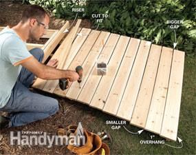 A wooden walkway makes an attractive and inexpensive garden path, is simpler and less backbreaking to make than a stone or concrete path, and works well in sloping or wet areas. Wood Pathway, Wooden Pathway, Diy Bamboo, Wood Walkway, Concrete Path, Wooden Path, Pergola Diy, Outdoor Walkway, Pathway Landscaping