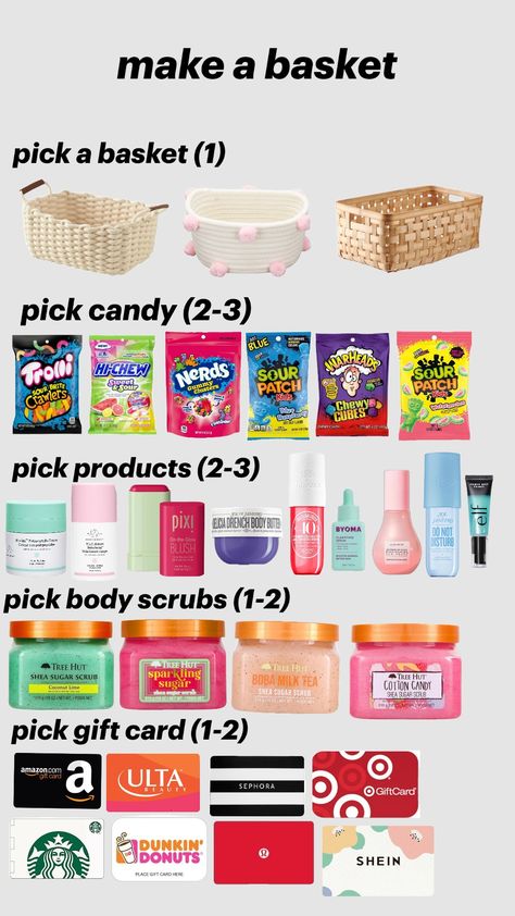 make a basket @friends #party #basket #candy #starbucks #dunkin #target #ulta Make A Gift Basket, Make A Basket, Making A Gift Basket, Hi Chew, A Gift Basket, Sour Patch, Friends Party, Christmas Wonderland, Coconut Lime