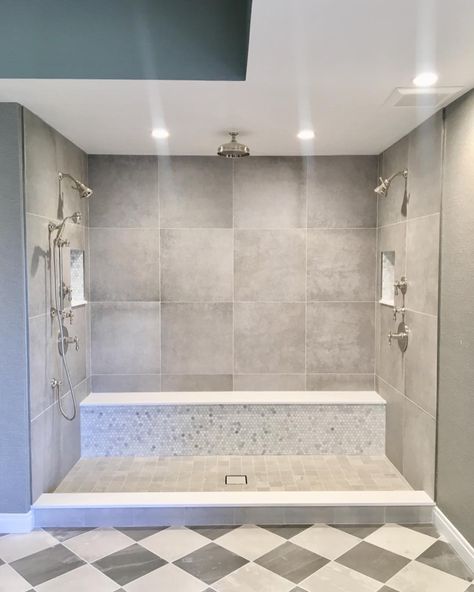 Master Bath Half Wall, Carwash Shower Master Bath, Double Steam Shower Ideas, 2 Shower Heads Bathroom Master Bath, Bathroom Big Shower Ideas, Bathroom Remodel Double Shower Head, Best Showers For Two, Double Sided Shower Master Bath, Walk In Shower With Double Shower Heads