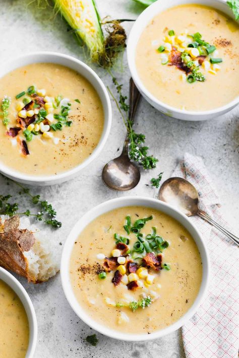 THis creamy chunky and wholesome Corn Chowder is a cozy homemade treat using fresh summertime Sweet corn and potatoes. It is naturally gluten-free! Top it with bacon, or keep it vegetarian Potato And Corn Chowder, Bacon Corn Chowder, Healty Dinner, Corn Chowder Recipe, Creamy Recipes, Chowder Recipe, Pureed Soup, Creamy Corn, Toasted Pumpkin Seeds