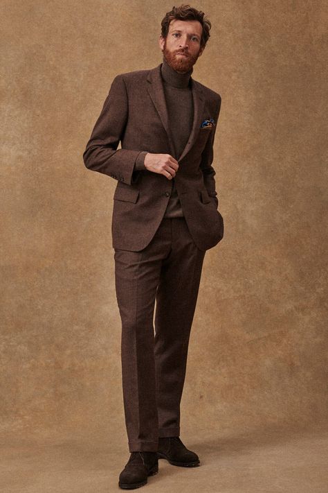 Monochrome Brown Outfit Men, Turtleneck Suit Men Wedding, Suit Turtleneck Men, Turtleneck Suit Men, Chocolate Brown Suits For Men, Brown Turtleneck Outfit Men, Elegant Outfits For Men, Brown Suit Groom, Turtle Neck Suit