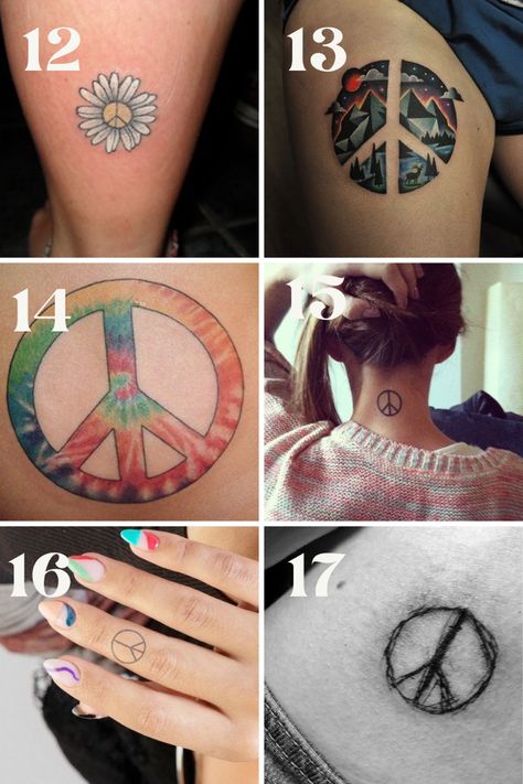 Modern Peace Tattoo Designs & Ideas - TattooGlee Rainbow Peace Sign Tattoo, Cool Peace Sign Tattoo, Peace Sign Tattoo Ideas, World Peace Tattoo, Peace Hand Tattoo, Small Peace Sign Tattoo, Hippy Tattoos For Women, Peace Sign Tattoo Hippie, Peace Love Tattoo