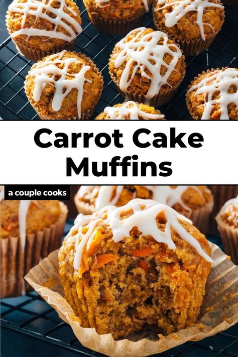 This carrot cake muffins recipe is a showstopper! The muffins are moist and spiced, topped with a tangy cream cheese drizzle. #carrotcake #carrotcakemuffins #muffinsrecipe #carrotmuffins #carrotcake #creamcheeseglaze #easymuffins Cake No Frosting, Carrot Cake Muffins Recipe, Brunch Baking, Cream Cheese Drizzle, Carrot Cake Muffin Recipe, Carrot Cake Muffins, Carrot Muffins, Cake Muffins, Carrot Cake Cupcakes