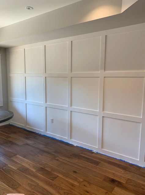 Diy Square Board And Batten Wall, Whole Wall Wainscoting, White Wall Board And Batten, Checkered Board And Batten, Wood Grid Accent Wall, Square Board And Batten Wall Bedroom, Square Paneled Wall, Grid Wall Living Room, Board And Batten Square Wall