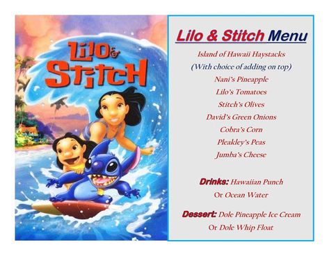 DISNEY MEAL #19 - LILO & STITCH! Has link to pictures of How the Meal Came Together & The Treat! Happiest Memories On Earth - is an awesome blog that has SO MANY Disney Meal Ideas and MORE!! Disney Movie Themed Dinner, Disney Cookbook, Disney Meals, Family Movie Night Themes, Disney Movie Night Menu, Theme Dinners, Movie Recipes, Disney Themed Movie Night, Disney Movie Night Food