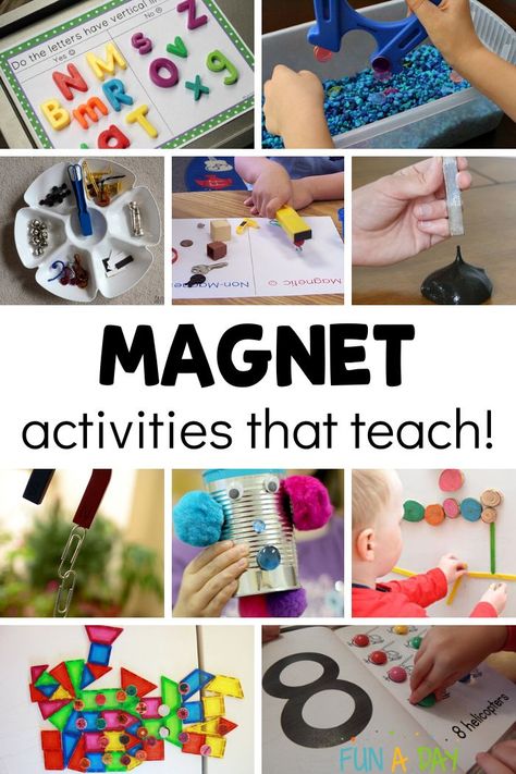 18 magnet activities for kids to learn and play with! Unique and fun ideas for learning with magnets - exploring science, math, literacy, and more. Magnet Activities For Kids, Magnet Lessons, Science Center Preschool, Ideas For Learning, Kids Gratitude Journal, Magnet Activities, Gratitude Journal For Kids, Stem Activities Preschool, Preschool Stem