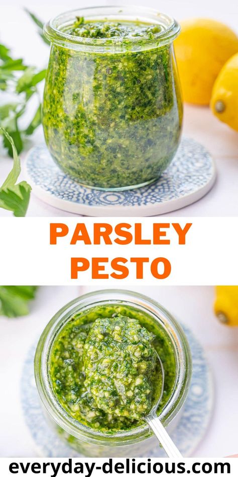 Parsley pesto is a great and more affordable version of the traditional basil pesto. Parsley also has a great flavor and the same beautiful green color. You can use it just like the basil pesto - as a condiment or pasta sauce. Pesto Uses, Pesto Dishes, Paleo Condiments, Pesto Recipes, Parsley Recipes, Paleo Sauces, Parsley Pesto, Sauce Pesto, Fun Adventures