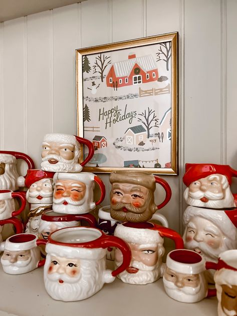 Liz Marie Galvan, Trendy Christmas Decor, Santa Cups, Mugs Collection, Retro Christmas Decorations, Liz Marie, Santa Mug, Liz Marie Blog, Christmas Vignettes