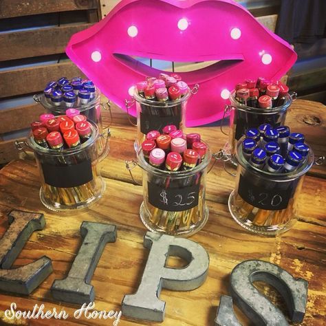 Mary Kay Vendor Booth Ideas, Mary Kay Booth Ideas Vendor Events, Mary Kay Party Set Up, Mary Kay Table Display Vendor Events, Mary Kay Kissology Booth, Lipsense Party, Lip Color, Makeup Stand, Vendor Table