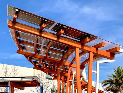 Solar Covered Walkways & Canopies Power NeoCity Academy Solar Panel Aesthetic, Umbrella Architecture, Solar Panel Roof Design, Solar Panels Architecture, Solar Pergola, Covered Walkways, Recycle Design, Walkway Design, Canopy Architecture