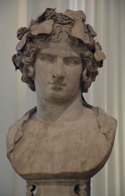 Marble bust of Antinous portrayed here as the reborn god Dionysus, known as Lansdowne Antinous, found at Hadrian's Villa in 1769, c. 130 - 138 AD, Fitzwilliam Museum, Cambridge (UK) | da Following Hadrian Dionysus Sculpture, Hadrian's Villa, God Osiris, Dionysus God, God Dionysus, Fitzwilliam Museum, Marble Bust, Cambridge Uk, Classic Sculpture