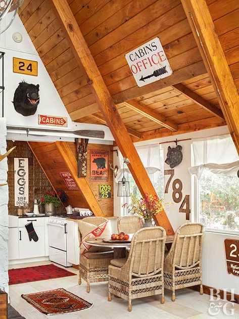 Cottage Decorating Ideas, A-frame Interior, Frame Interior, A Frame Cabins, Cottage Decorating, River Cabin, Vintage Cabin, Cottage Style Decor, Camp Style