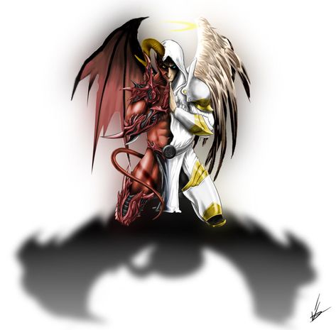 drastically different than this but idea of demon and angel morphing Angel And Demon Tattoo, Angel Demon Tattoo, Good And Evil Tattoos, Angel Devil Tattoo, Gemini Zodiac Tattoos, Tattoo Angel, Aztec Tattoos, Archangel Tattoo, Anubis Tattoo