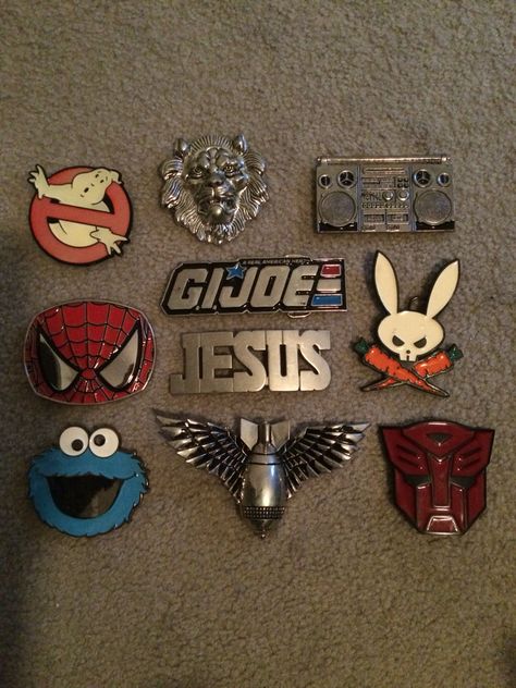 My old collection of belt buckles. Spidie-cookie monster-transformer-ghostbuster-mad rabbit-gi joe-jesus-boomboxin-lion-rocket 2000s Accessories, Cool Belt Buckles, Cool Belt, Monster Collection, Accessory Inspo, Y2k Accessories, Fits Clothes, Funky Jewelry, Jewelry Lookbook