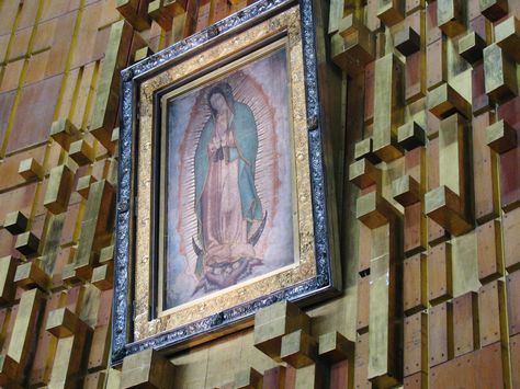 The actual image of Our Lady of Guadalupe in the Basilica. This image appeared miraculously on Juan Diego's tilma (cape) on Dec.12, 1531. It is one of the most visited Marian shrine in the world. Mexico City Cathedral, Catholic Relics, Marian Apparition, Church Interior Design, Mama Mary, Queen Of Heaven, Blessed Mother Mary, Our Lady Of Guadalupe, The Virgin Mary