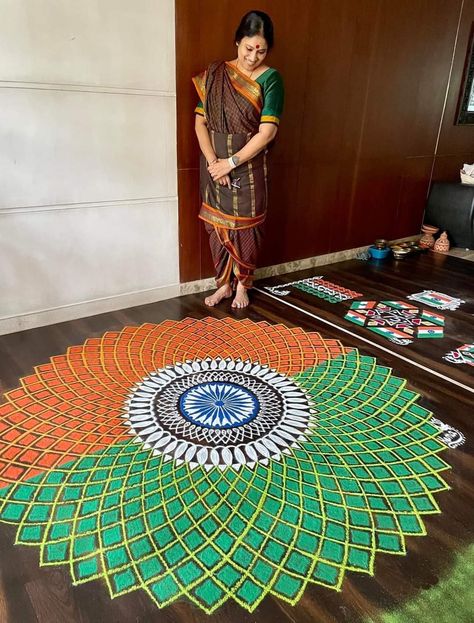 Rangoli For School Competition, Best Rangoli Design, Rangoli Designs For Competition, Balloon Arch Diy, Maa Image, Vegetable Decoration, Rangoli Designs Simple Diwali, Flag Crafts, Easy Rangoli Designs Diwali