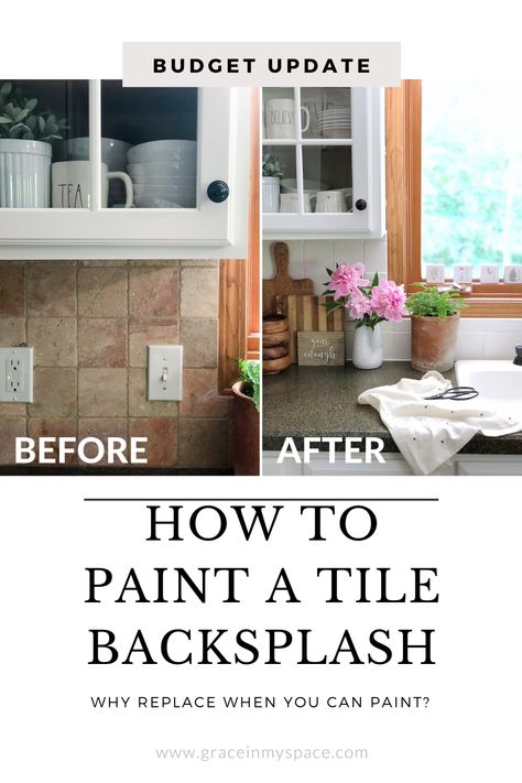 How to Paint a Tile Backsplash. This simple tutorial will transform your outdated tile in one day for a fraction of the cost of new tile. #fromhousetohaven #paintedtile #tilebacksplash #diybacksplash #kitchenrenovation #diykitchenremodel Painting Tile Backsplash, Grace In My Space, Painting Kitchen Tiles, Tile Backsplash Kitchen, Diy Tile Backsplash, Paint Backsplash, Diy Backsplash, Easy Diy Decor, Diy Kitchen Remodel