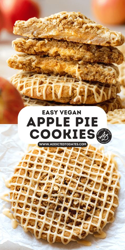 Apple Pie Cookies - Addicted to Dates Apple Cookies Vegan, Vegan Apple Pie Cookies, Vegan Apple Cookies, Vegan Crumbl Cookies, Vegan Crumble Cookies, Vegan Bakery Recipes, Apple Curd, Vegan Oat Cookies, Vegan Autumn