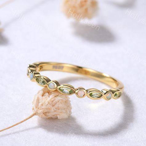 Birthstone Wedding Band, June Gemstone, Opal Band Ring, Opal Wedding Band, Peridot Engagement Rings, Birthstone Stacking Rings, Peridot Jewelry, Ring Marquise, Yellow Gold Wedding Band