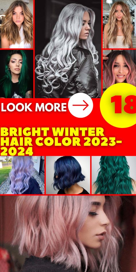 Elevate your winter style with the latest bright hair color ideas in 2023 - 2024. Explore a wide range of options for both blondes and brunettes, including short, curly, and pixie cut styles. Whether you're craving a vibrant red and blonde blend or looking to make a statement with purple and pink shades, our colored hair combinations are sure to keep you on-trend. Red Hair Color Ideas For Blondes, Winter Colors 2023, Bright Winter Hair Color, Bright Hair Color Ideas, Silver Fox Hair, Holiday Hair Color, True Winter Color Palette, Emerald Green Hair, Red Blonde