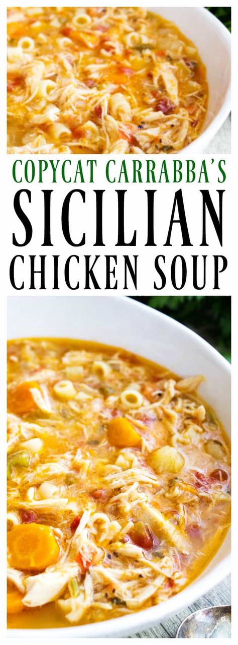 Carrabba's copycat recipe for SICILIAN CHICKEN SOUP is simple & gorgeous. Full of flavor, this will become a family favorite. Sicilian Chicken Soup, Carrabbas Recipes, Sicilian Chicken, Chicken Spaghetti, Cooked Chicken, Soup And Stew, Favorite Chicken, Copycat Recipe, Taco Bell