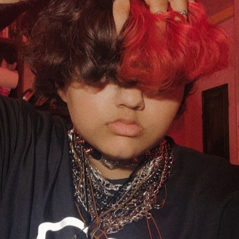 Emo boy fluffy hair split dye tiktok boy trans chains choker grunge red black split Split Dyed Hair Men, Half Red Half Black Hair Men, Half Red Half Black Hair Curly, Male Split Dye Hair, Half Red Half Brown Hair, Split Dyed Hair Black And Orange, Half Black Half Orange Hair Split, Split Dyed Hair Short, Split Dyed Hair Boy