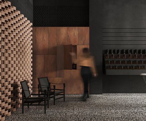 Global Architecture, Pebble Floor, Monochrome Color Palette, Metal Shelving Units, Dark Color Palette, Modernist Architects, Washbasin Design, Metal Stairs, Dark Interiors