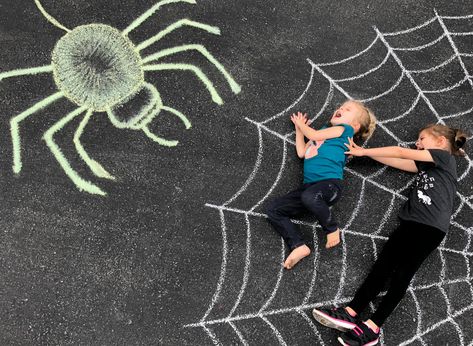 That’s one big spider!  #sidewalkchalk #chalkart #childhoodfun Halloween Side Walk Chalk Art, Halloween Driveway Chalk Art, Fall Sidewalk Chalk Art Ideas, Halloween Sidewalk Chalk, Halloween Sidewalk Chalk Art, Sidewalk Chalk Photos, Driveway Chalk, Chalk Photography, Chalk Pictures