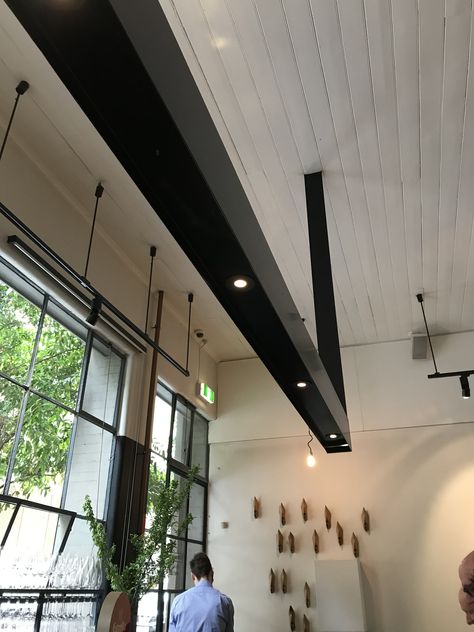 Lights within steel beam Black Ceiling Beams, Black Can Lights, Vintage Basement, Beam Lights, Steel Beam, Metal Beam, Support Beam, Support Beams, Beam Light