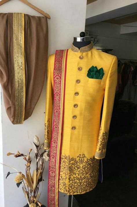 Yellow Sherwani For Men, Red Dupatta, Mango Yellow, Groom Dress Men, Indian Groom Wear, Wedding Dresses Men Indian, Men's Ethnic Wear, Indian Men Fashion, Wedding Dress Men