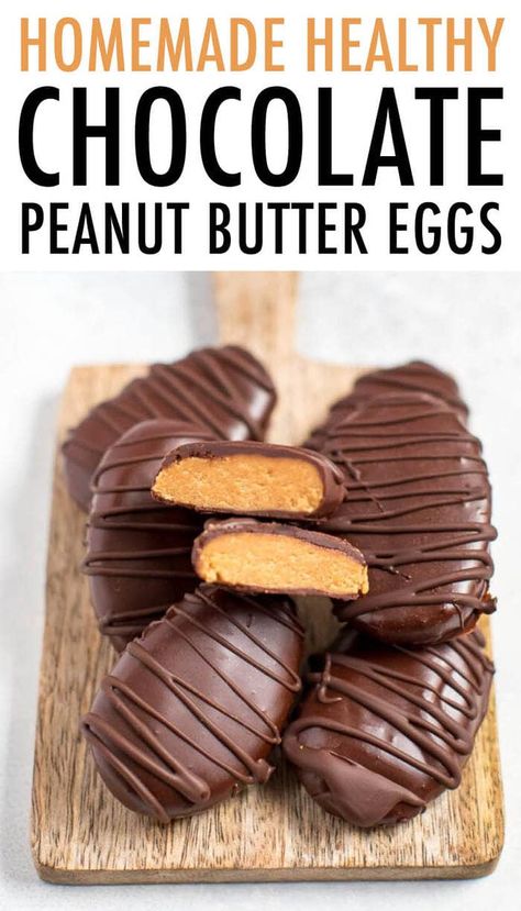 Homemade Easter Chocolates, Healthy Easter Desserts Recipes, Easter Healthy Treats, Healthy Spring Snacks, Homemade Healthy Chocolate, Chocolate Peanut Butter Eggs, Homemade Chocolate Peanut Butter, Healthy Easter Treats, Healthy Chocolate Peanut Butter