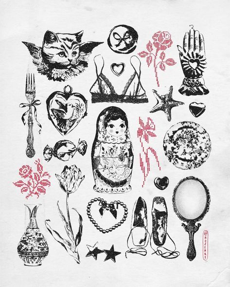 Piercing Styling Ideas, Aesthetic Red Tattoo, Fineline Flash Tattoo, Print Style Tattoo, Stick And Poke Tattoo Flash, Small Tattoos Flash, Red And Black Tattoo, Flashes Tattoo, Illustrative Tattoos