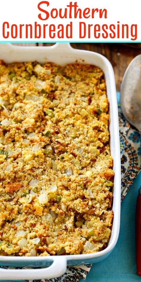 Southern Cornbread Dressing is a must for Thanksgiving. Southern Dressing, Southern Cornbread Dressing, Cornbread Dressing Recipe, Cheesy Green Bean Casserole, Dressing Recipes Thanksgiving, Cornbread Dressing Southern, Dressing Recipes Cornbread, Southern Cornbread, Cornbread Dressing