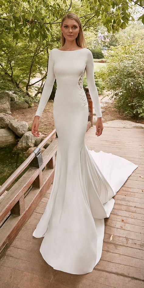 30 Cute Modest Wedding Dresses To Inspire ❤  modest wedding dresses trumpet with long sleeves sanpatrick #weddingforward #wedding #bride Wedding Dress Trumpet, Sparkly Bridesmaid Dress, Sleek Wedding Dress, Mermaid Trumpet Wedding Dresses, Long Sleeve Mermaid Wedding Dress, Jeweled Wedding Dress, Baju Kahwin, Crochet Wedding Dresses, Satin Bridal Gowns