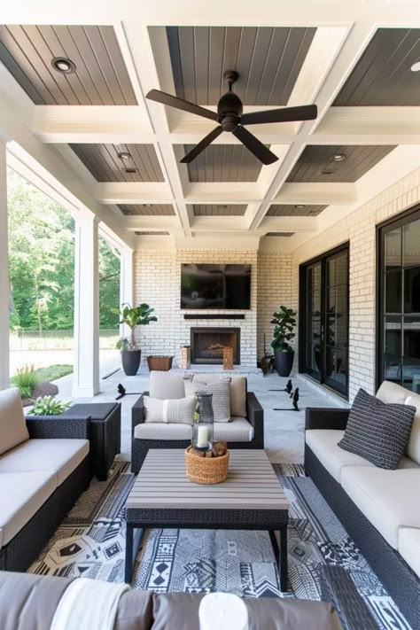 Outdoor Fireplace Ideas Covered Decks Screened In Porch, Covered Patio Off House, Exterior Covered Patio, Back Patio Ideas Covered, Covered Patio Ceiling Ideas, Florida Patio Ideas, Covered Patio Ceiling, Covered Outdoor Patio Ideas, Patio Ceiling Ideas