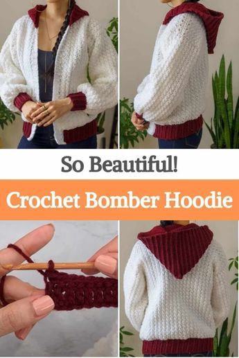 Here's an easy-to-make crochet bomber hoodie tutorial, its author made it especially for the fall season, but we think this one fits great at any time of the year. This hoodie is for a size small, but if you want to use your own measures along it can be used for any size, is very easy to make and adjust. She also used a super simple stitch, the Suzette, which is great for any crocheter. You'll only need two colors of yarn, in this case, white and red, and a 5 & 5.5 mm Hook to crochet this... Crochet Cardigan Pattern Free, Hoodie Tutorial, Crochet Hoodie, Simple Stitch, Crochet Cardigan Sweater, Baby Frock Pattern, Crochet Baby Cardigan, Cardigan Design, Hoodie Pattern