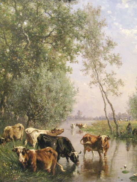 Vintage Farm Animal Prints, Vintage Cow Illustration, Vintage Farm Art, Cows Painting, Cow Paintings, Country Paintings, Farm Art, Cow Painting, Landscape Art Painting