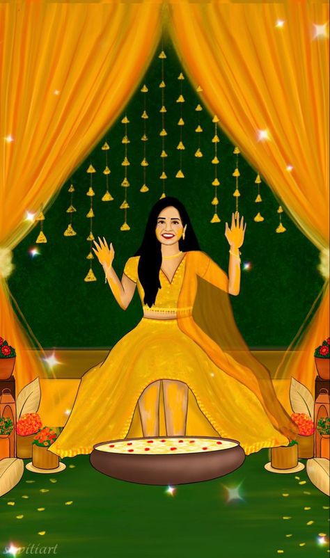 Nalangu Invitation, Haldi Ceremony Invitation Card, Groom Caricature, Haldi Invitation, Haldi Bride, Bride Fashion Illustration, Haldi Ceremony Decorations, Cartoon Wedding Invitations, Wedding Illustration Card