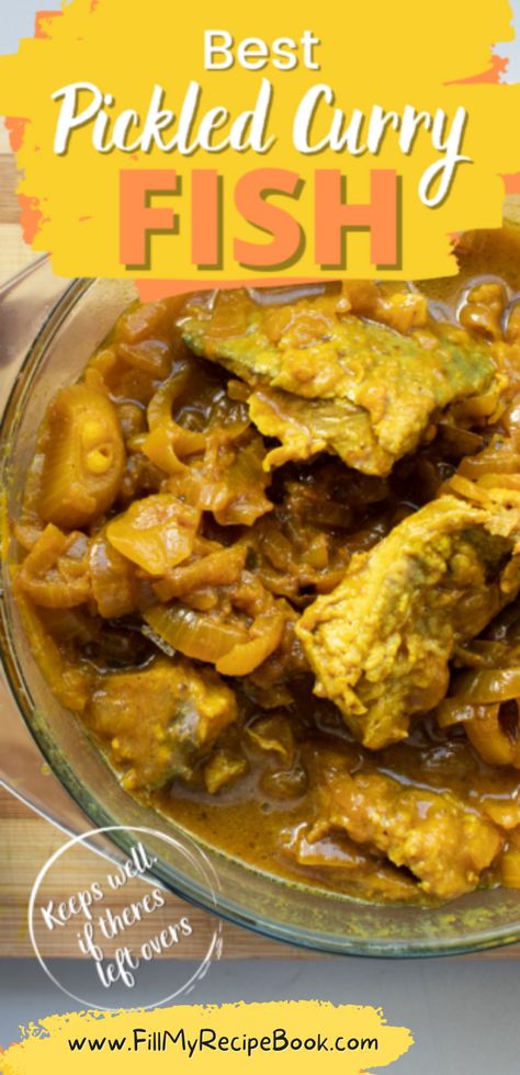 this is the best pickled curry fish recipe idea for a meal, that is traditionally celebrated by south afrcans. It does sybolize food that was eaten during easter time as a tradition in the older times, It has the sauce and keeps well in the fridge for a few days. South African Pickled Fish Recipe, Koeksister Recipe South Africa, Pickled Fish Recipe, Milktart Recipe, Fish Batter Recipe, Curry Fish, Fish Curry Recipe, Best Curry, Fried Fish Recipes