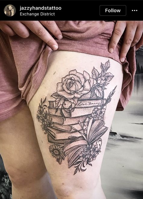 Book Tattoo With Mountain, Tattoo Art Inspiration, Skull With Books Tattoo, Moon And Book Tattoo, Book Tattoo On Thigh, Book Tattoo Half Sleeve, Skulls And Books Tattoos, Thigh Book Tattoo, Book Tattoo Thigh