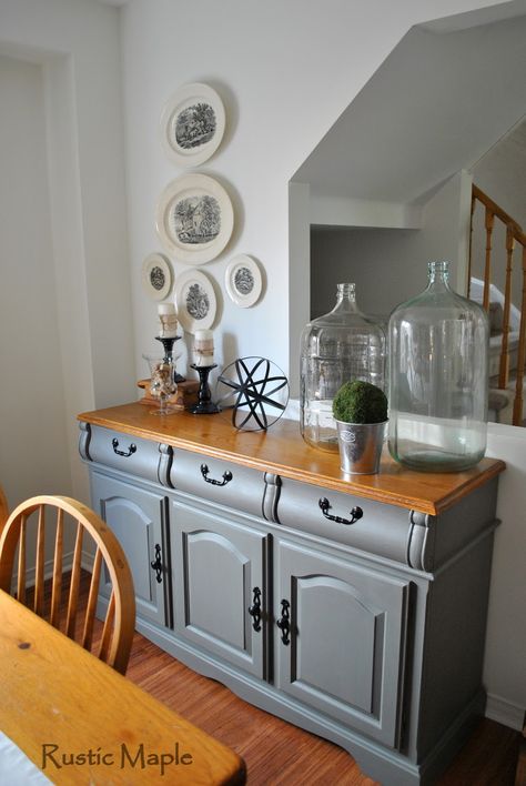 Oak buffet makeover painted with Country Chic Paint Cobblestone and Natural Wax via Rustic Maple Painted Armoires, Romantic Decorations, Oak Buffet, Painted Buffet, Duncan Phyfe, Country Chic Paint, Shabby Chic Dresser, Diy Furniture Renovation, Furniture Redo