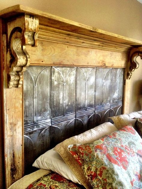 Diy Antique Headboard, Diy Vintage Headboard Ideas, Creative Headboards Diy, Farmhouse Headboard Ideas, Fireplace Mantle Headboard, Tin Headboard, Philadelphia Row House, Creative Headboards, Fireplace Headboard