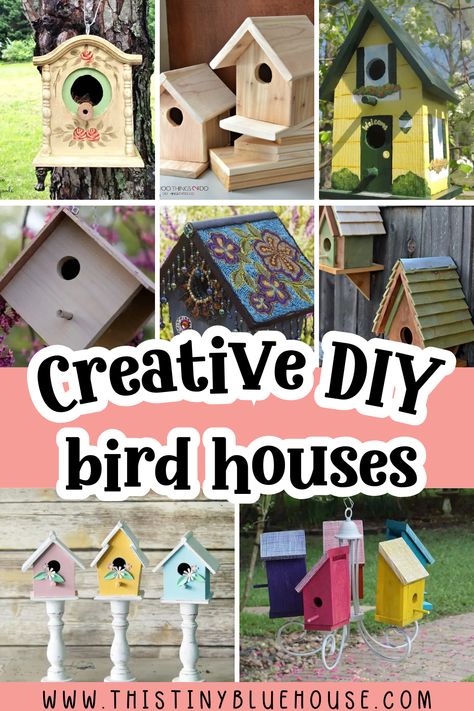 A great collection of creative DIY Bird Houses. These fun little birdhouse DIY projects are a great addition to any outdoor space. Decorative Bird Houses Diy, Small Bird Houses Painted, How To Build A Bird House, How To Make A Bird House, Bird Houses Diy Easy, Diy Birdhouse Easy, Homemade Bird Houses Diy, Bird House Crafts, Unique Bird Houses Diy