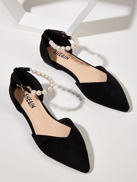 Faux Pearl Beaded Point Toe Ankle Strap Flats | SHEIN USA قلادات متدلية, Fancy Sandals, Indian Shoes, Strap Flats, Fashion Shoes Heels, Cute Shoes Heels, Shoes Heels Classy, Fashion Shoes Sandals, Classy Shoes